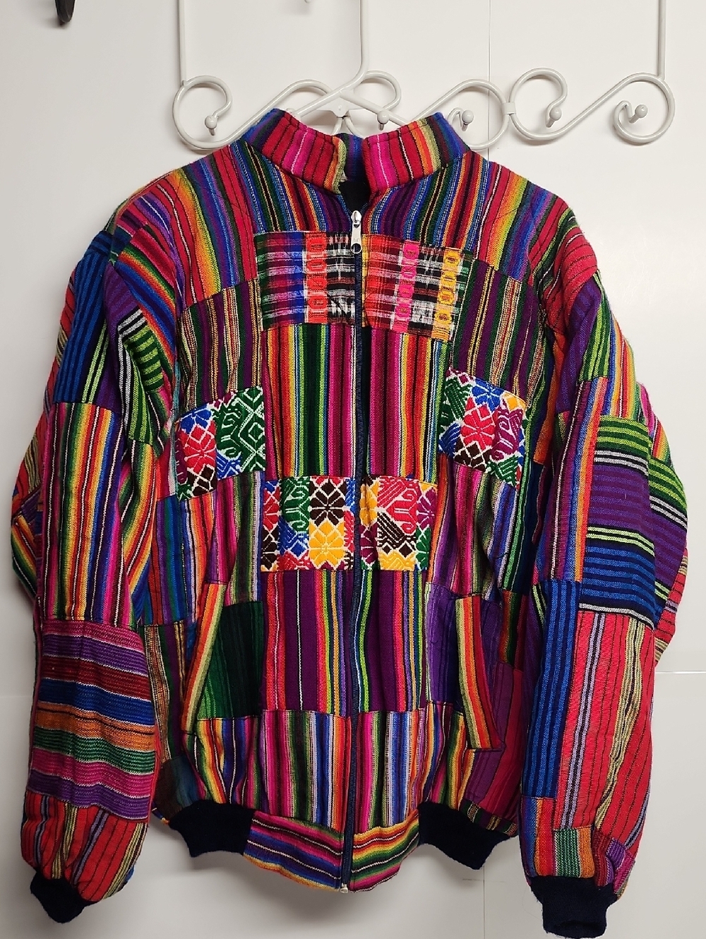 Made In Guatamala Colorful Striped Patchwork Artisan Bomber Jacket- Bright Multi